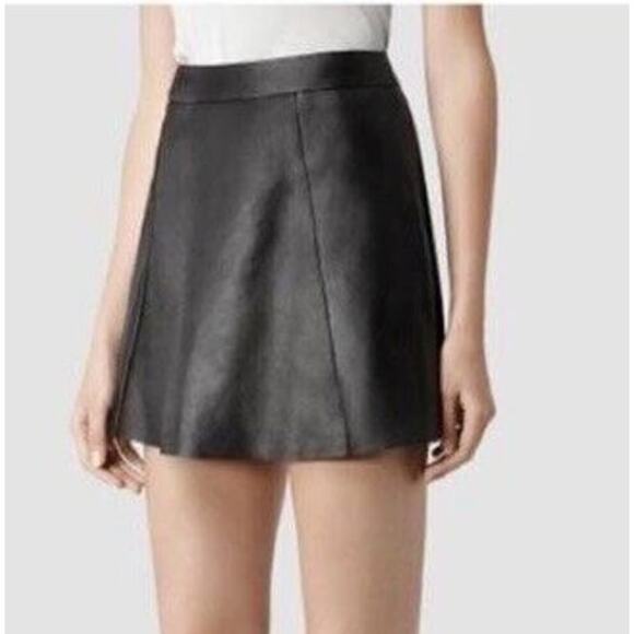 AllSaints Womens Sens Leather A-Line Mini Skirt Full Rear Zip Black Size 2 - Picture 1 of 13